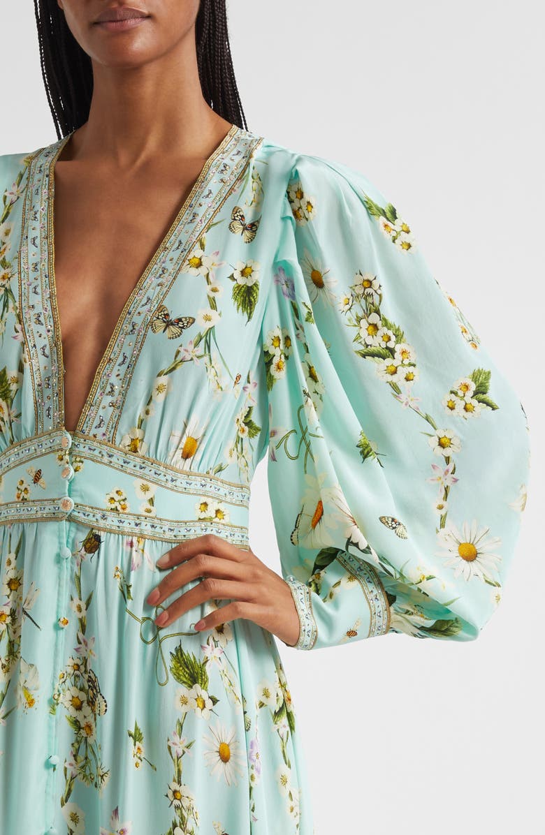 Camilla Floral Freefall Plunge Neck Long Sleeve Silk Crepe Maxi Dress, Alternate, color, Floral Freefall