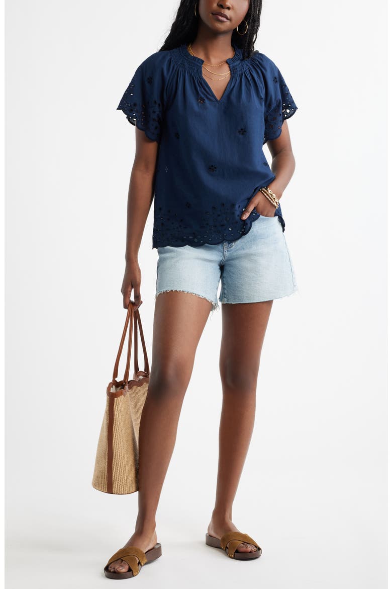 Eyelet Ruffle Trim Cotton Top, Alternate, color, NAVY STILL