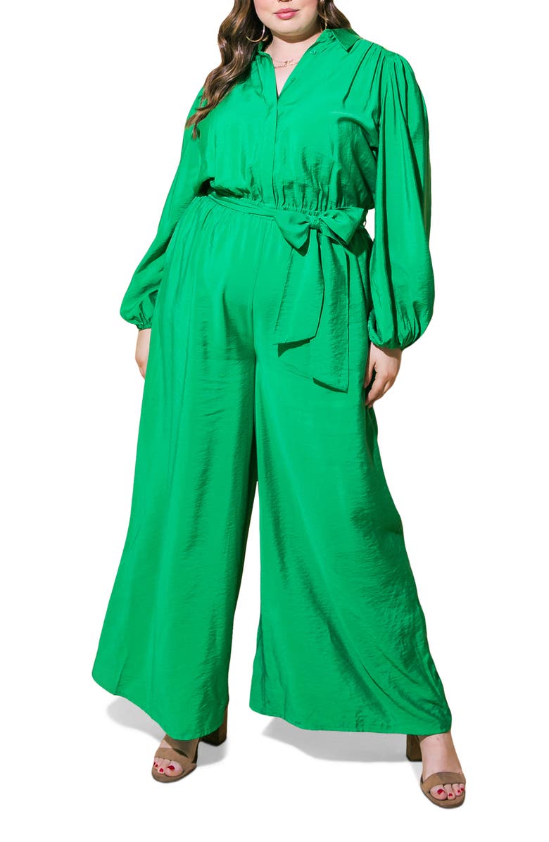 FLYING TOMATO Long Sleeve Solid Woven Jumpsuit, Main, color, Green