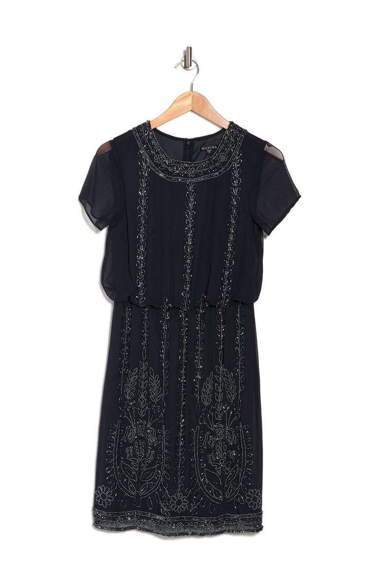 Marina Short Sleeve Beaded Blouson Dress, Alternate, color, 