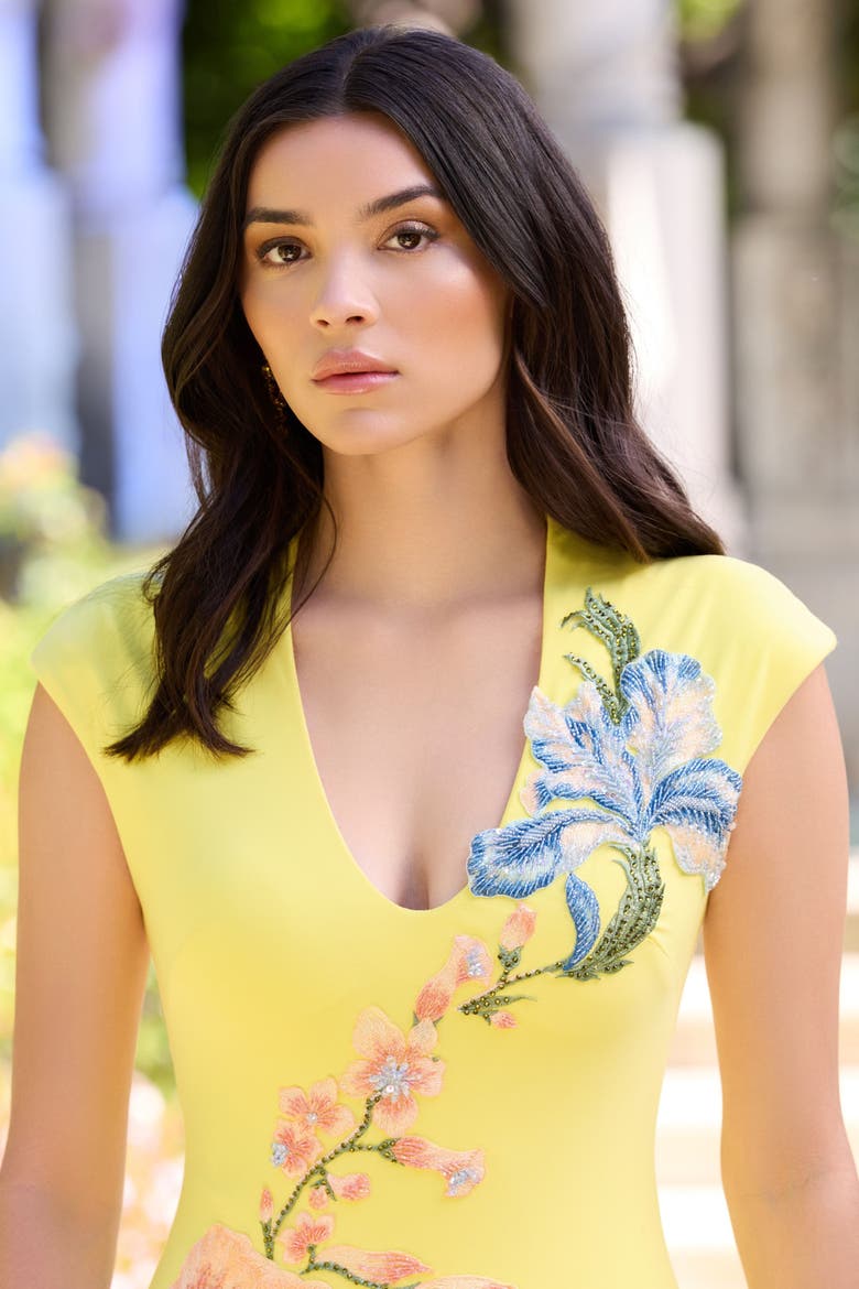 Cap Sleeve Scoop Neck Jersey Floral Detail Gown, Alternate, color, Yellow Multi