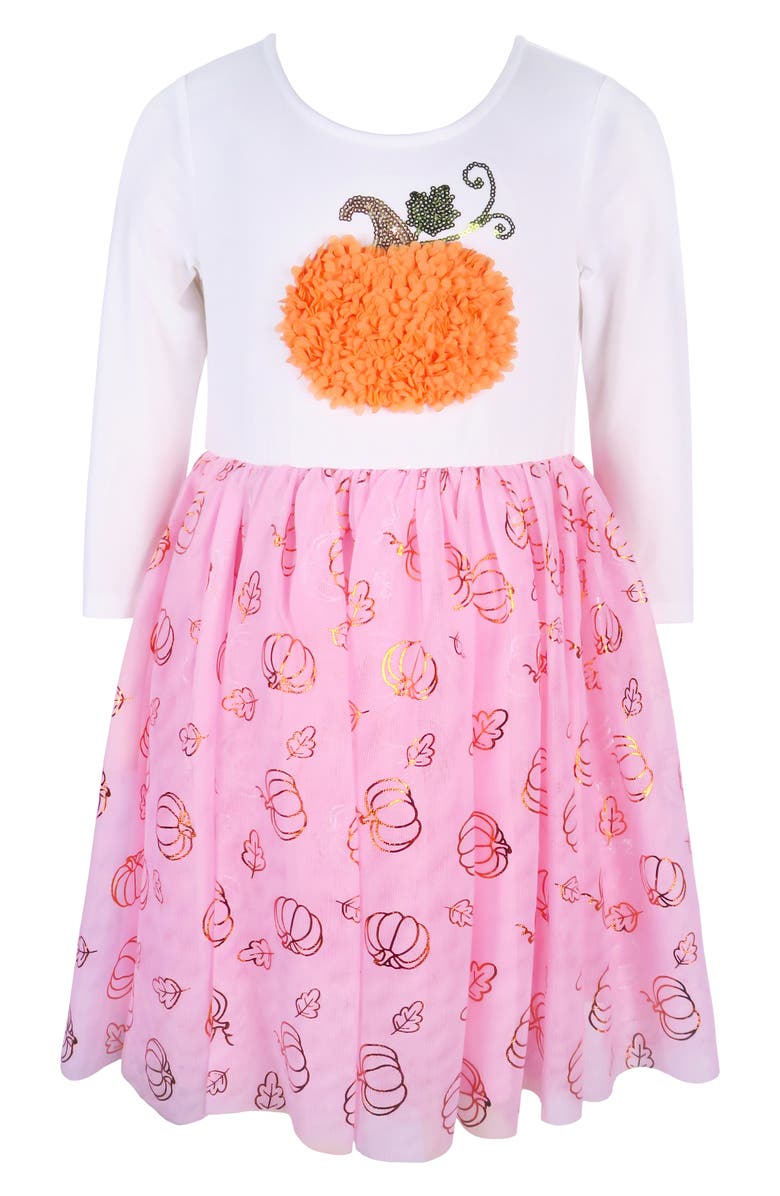 Zunie Kids' Soutache Halloween Pumpkin Long Sleeve Tutu Dress, Main, color, Ivory/ Pink
