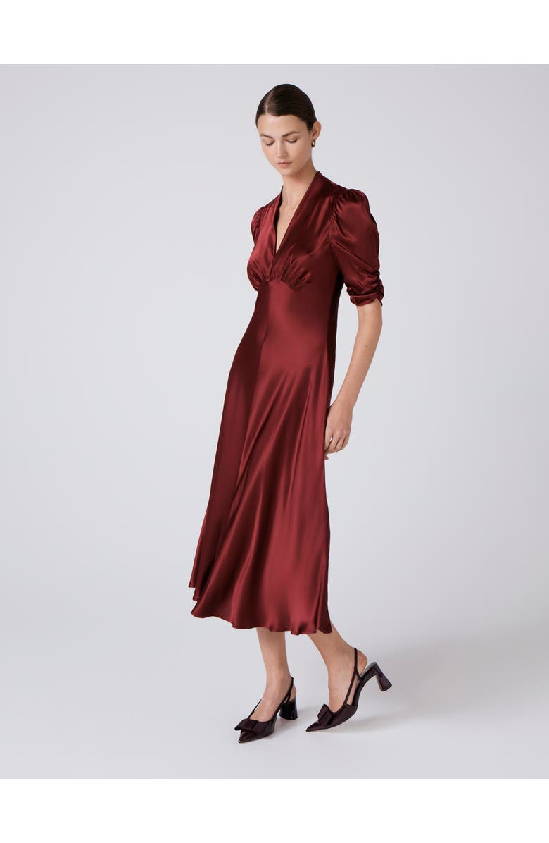 Ghost London Mia Satin V Neck Midi Tea Dress, Main, color, Burgundy