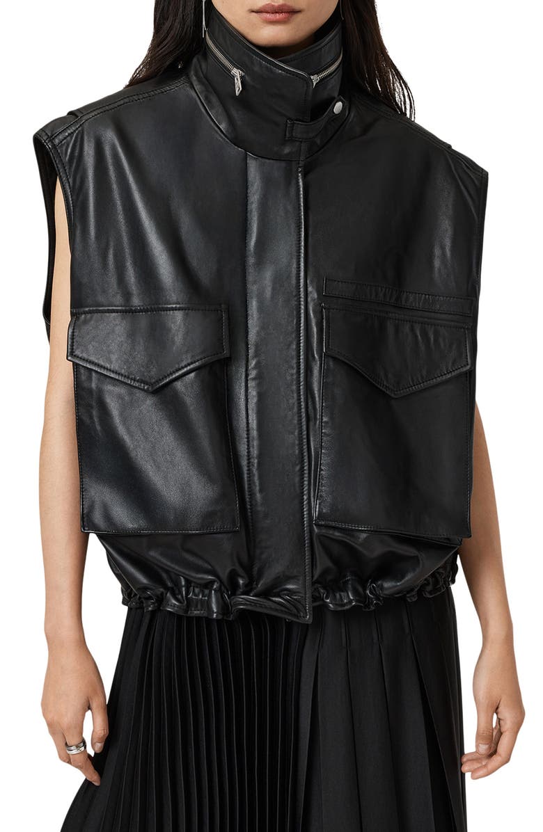 AllSaints Clay Funnel Neck Leather Gilet, Main, color, Black