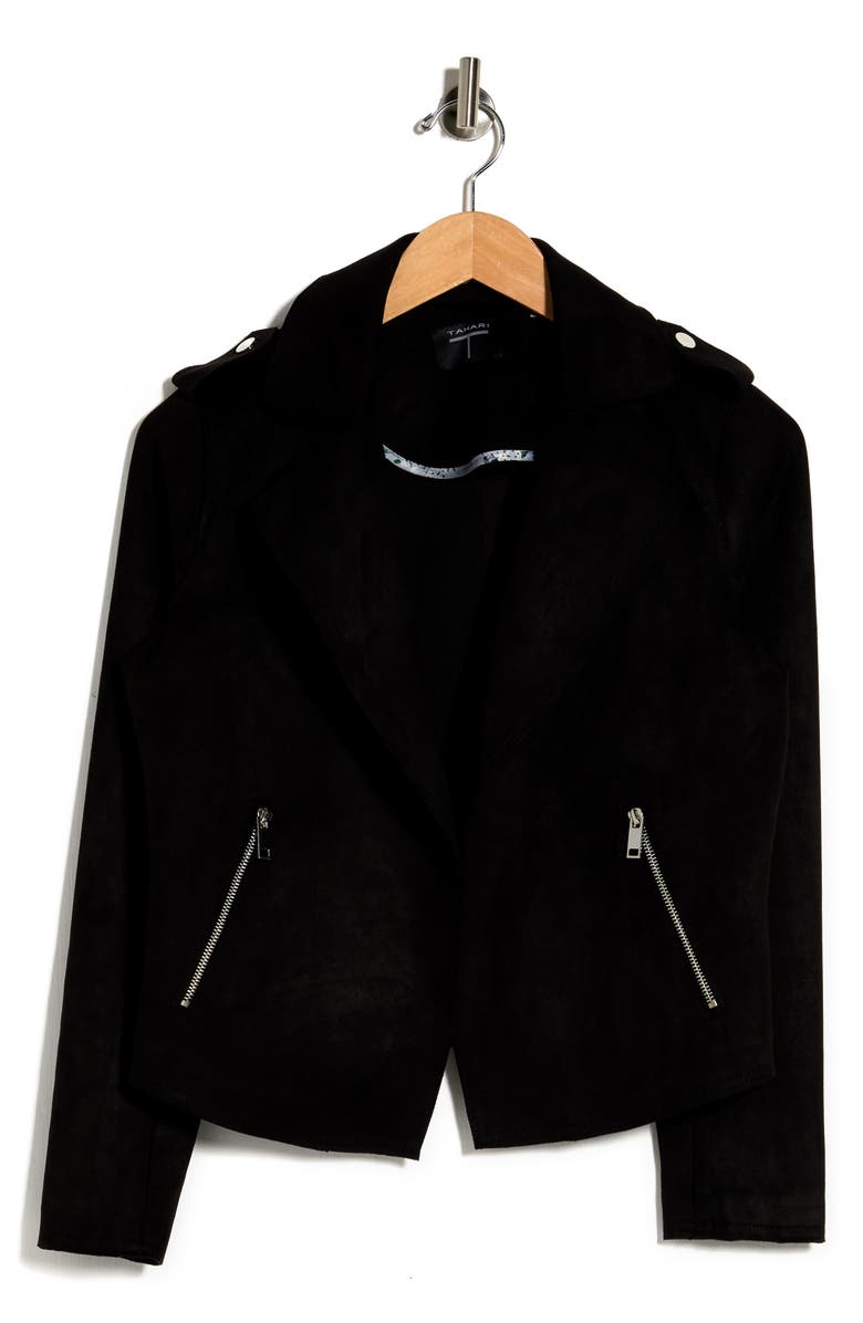 T Tahari Faux Suede Crop Moto Jacket, Alternate, color,