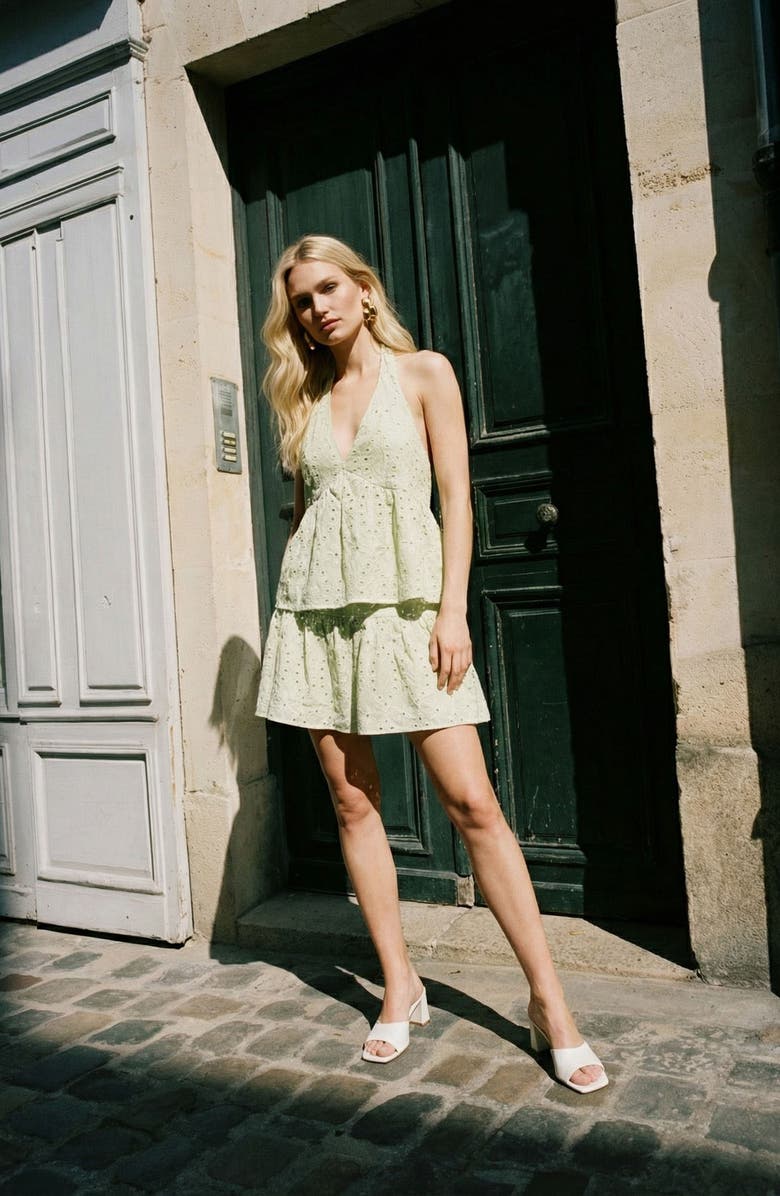 VERO MODA Hay Embroidered Eyelet Cotton Miniskirt, Alternate, color, Fog Green Detail Snow White Em