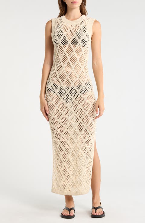 Open Stitch Ruffle Hem Cover-Up Maxi Dress