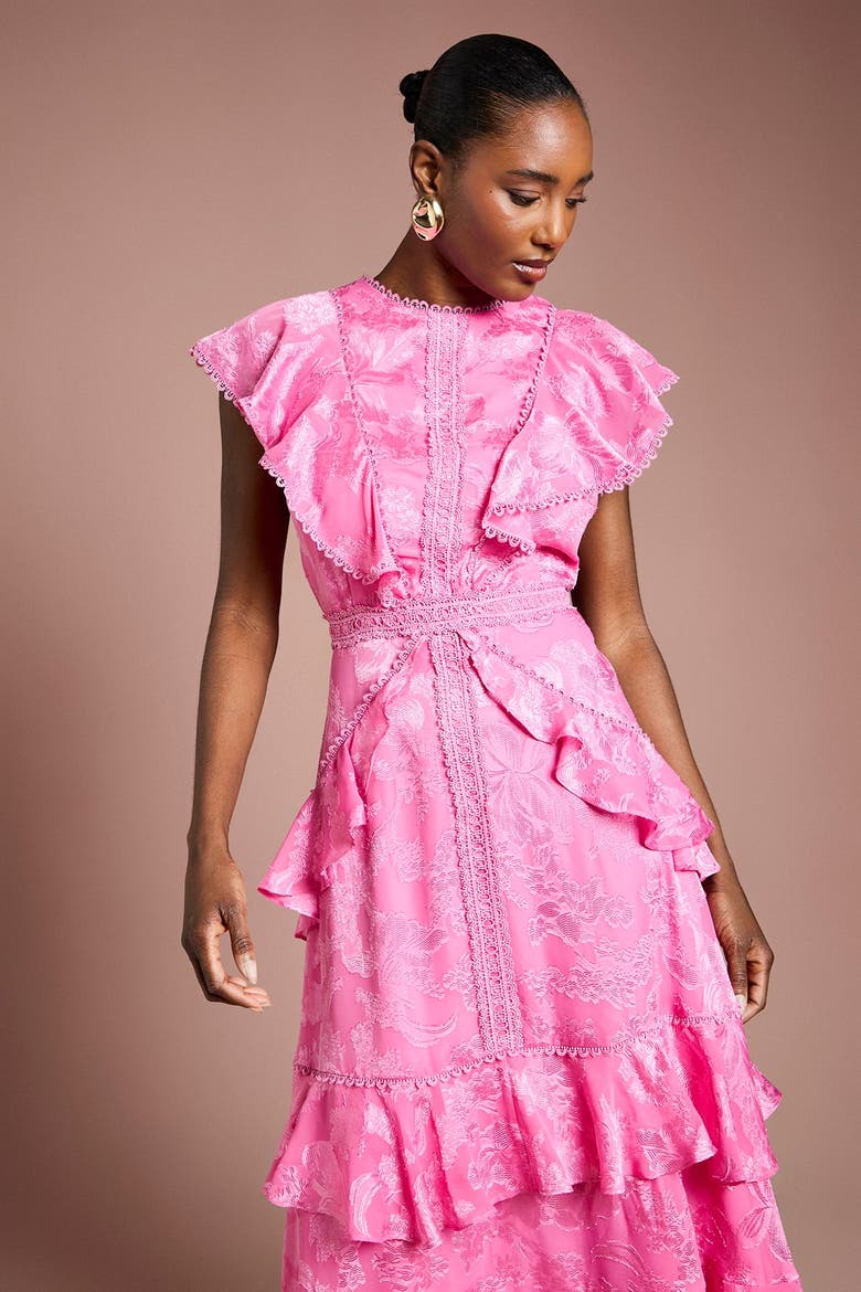 Satin Ruffle Jacquard Midi Dress, Alternate, color, Pink