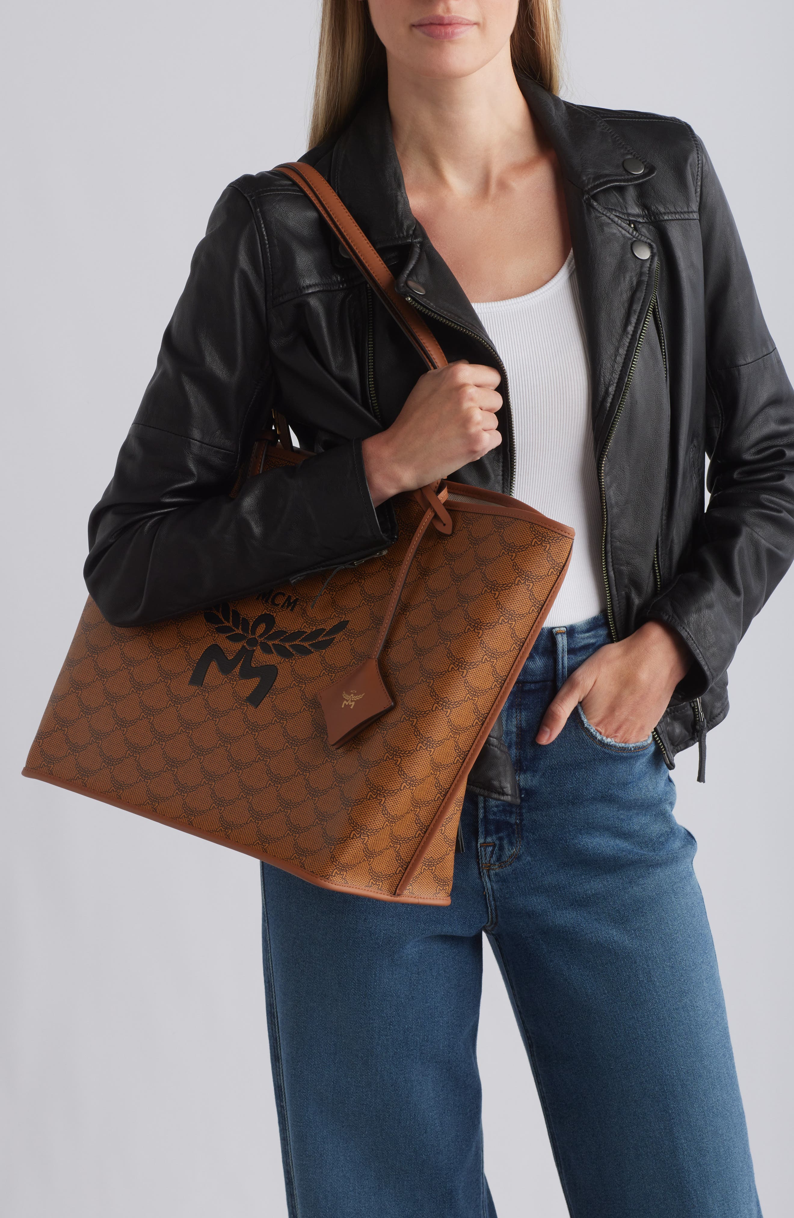 MCM Himmel Lauretos Coated Canvas Shopper Bag, Alternate, color, 