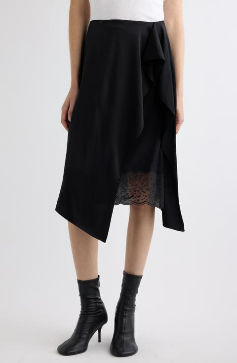 Inouka Ruffle Asymmetric Viscose Satin Midi Skirt