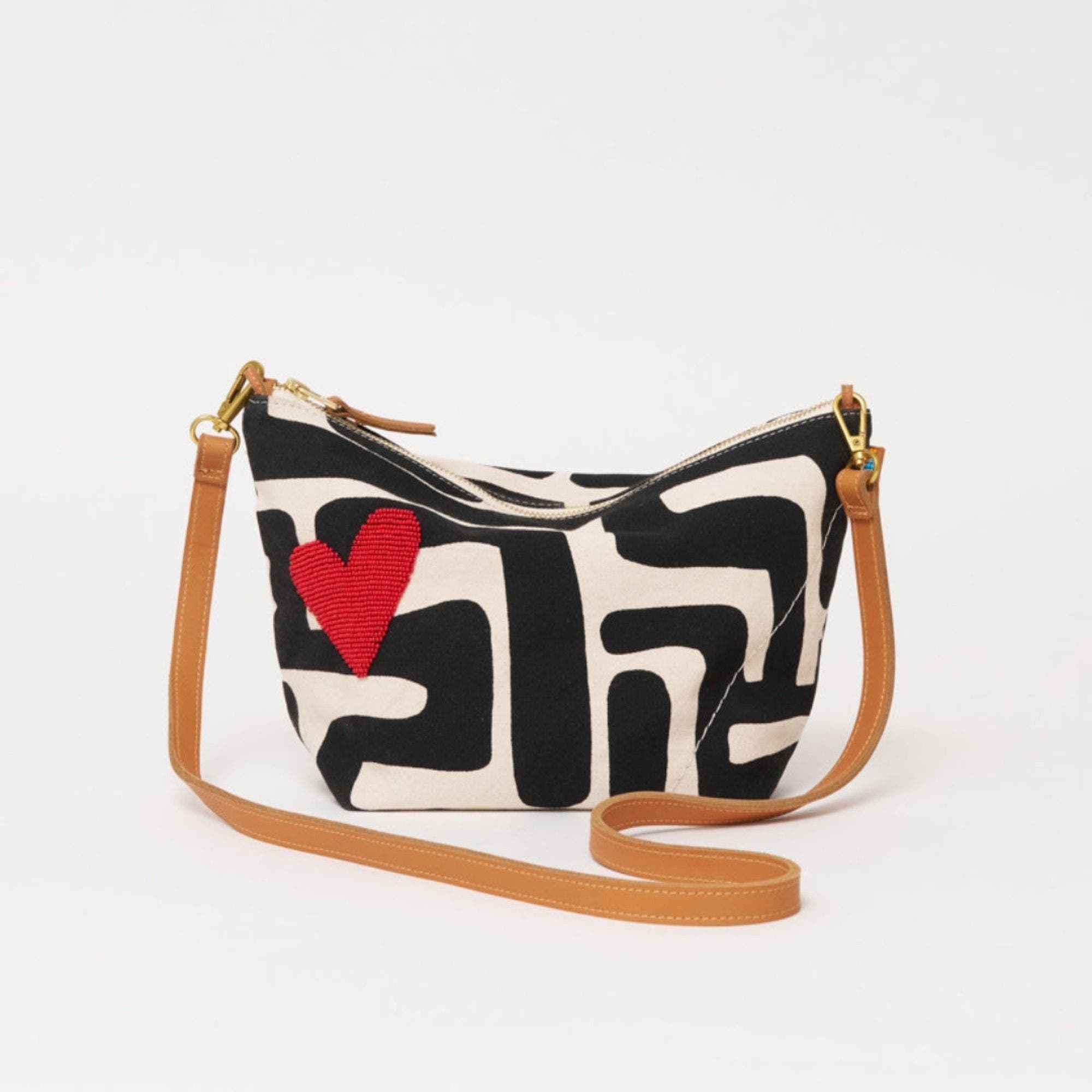 XLarge Convertible Pouch with Strap - Beaded Red Heart, Alternate, color, Black Kuba