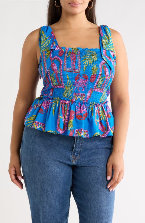 Bally Tropical Print Smocked Sleeveless Top (Plus)