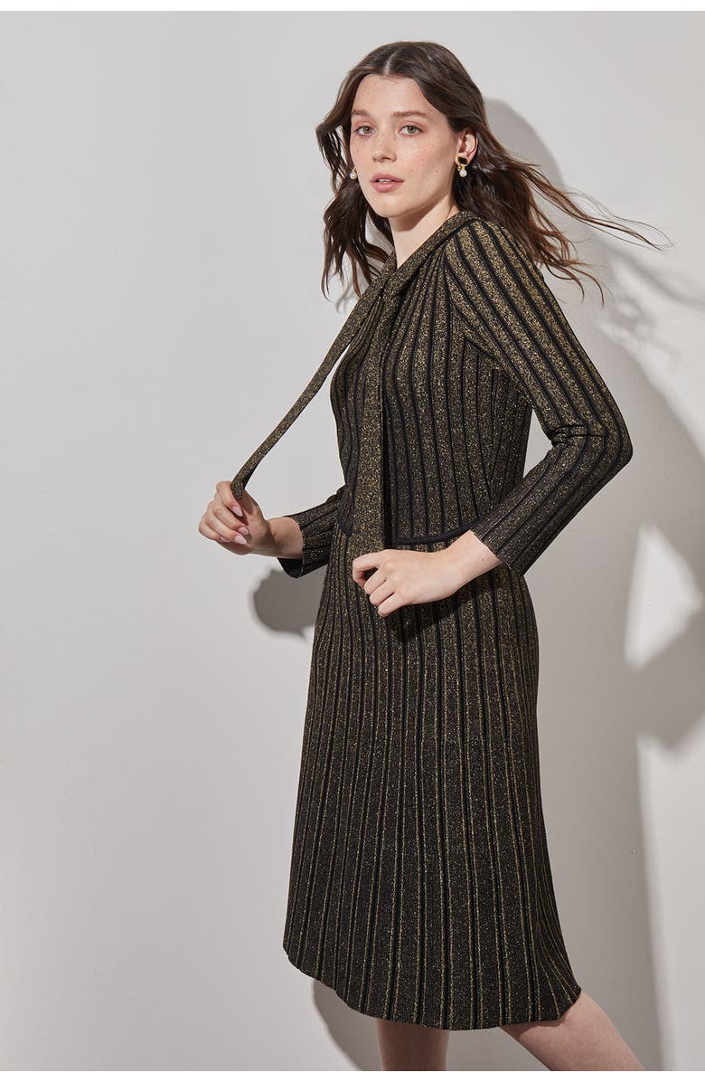 Ming Wang Knee Length A-Line Ribbed Knit Dress, Alternate, color, Black/Gold