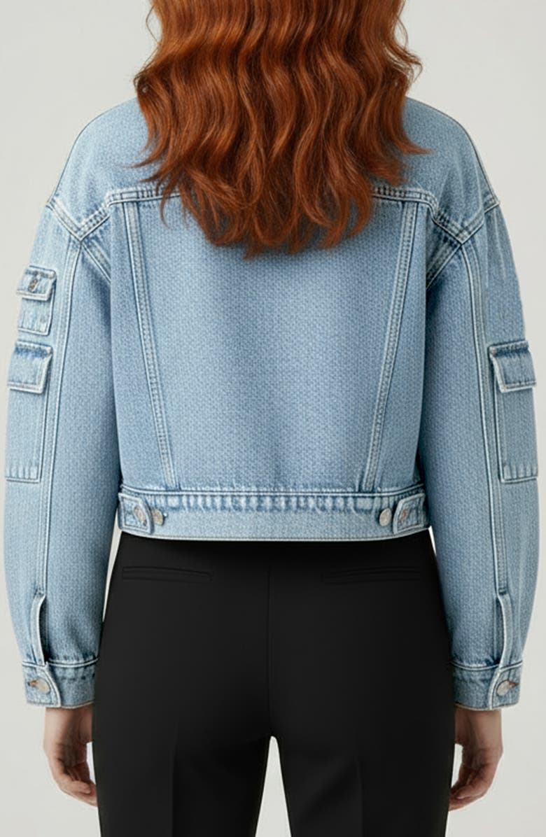 bebe The Cargo Crop Denim Jacket, Alternate, color, Light Blue