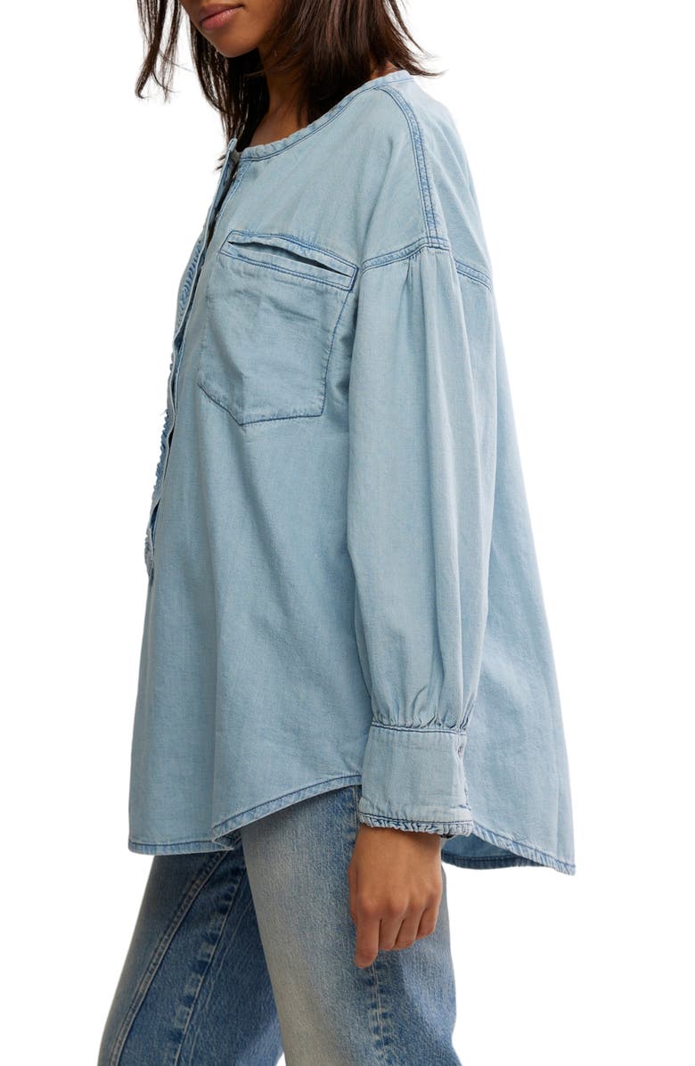 Free People Dreaming Ruffle Oversize Chambray Shirt, Alternate, color, So Soft Light Wash