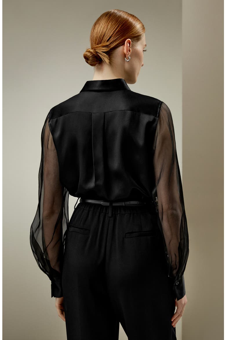 Women's Ethereal Crisp Sheer Sleeves Silk Shirt, Alternate, color, Black