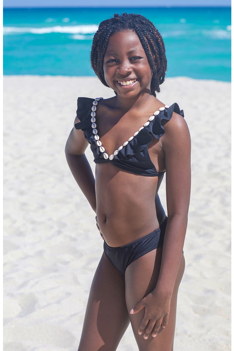V-Neck Shell-Adorned Ruffled Two-Piece Bikini, Alternate, color, Black