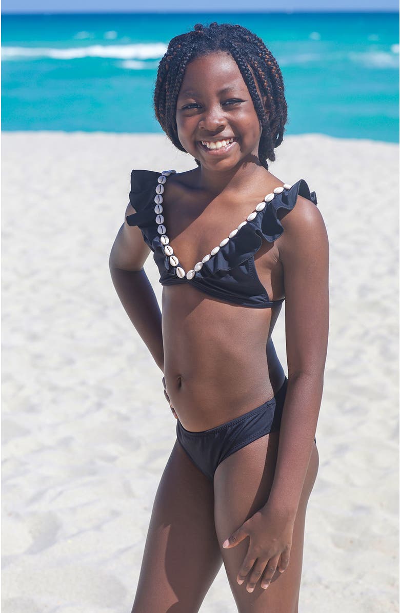 NESSI BYRD V-Neck Shell-Adorned Ruffled Two-Piece Bikini, Alternate, color, Black