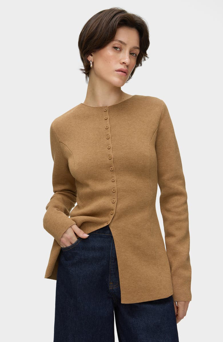 ALIGNE Daphne Split Hem Organic Cotton & Wool Blend Cardigan, Alternate, color, Camel