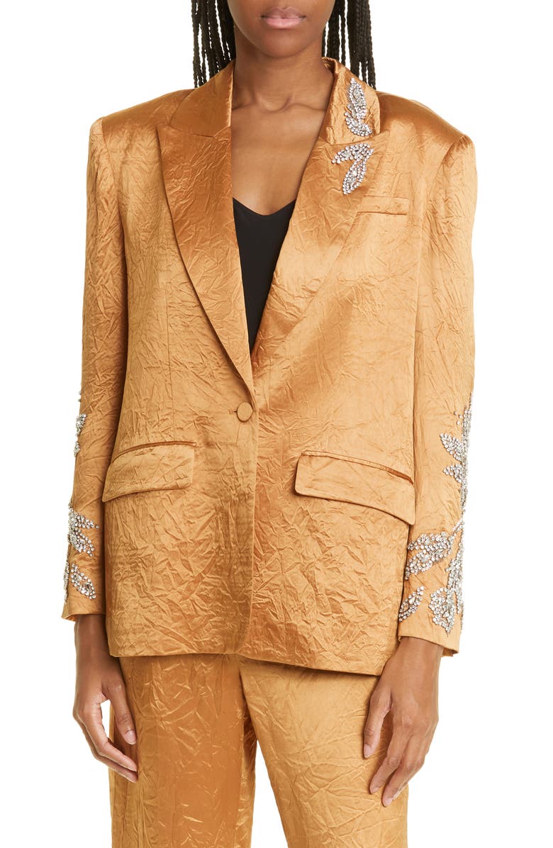 Cinq à Sept Cheyenne Crystal Detail Rumpled Satin Blazer, Main, color, 