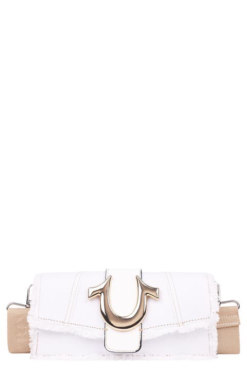 Frayed Denim Flap Bag with Logo Strap