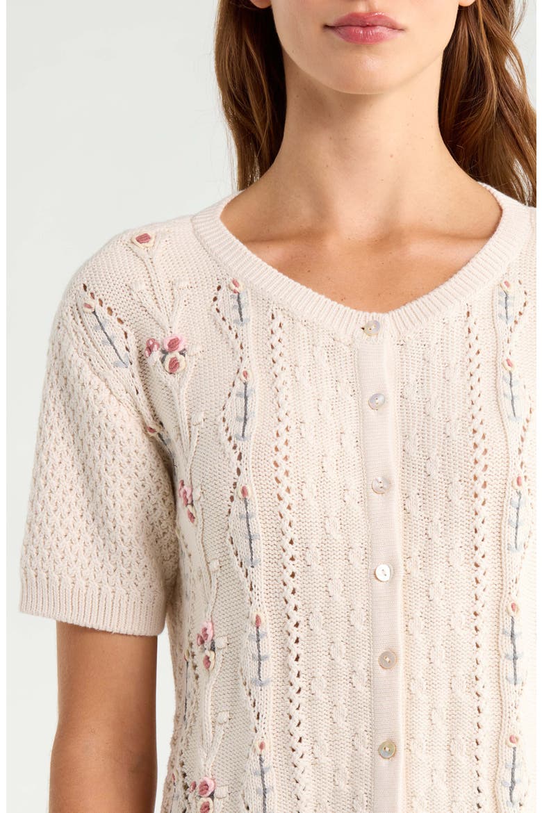 Rosette Short Sleeve Cardigan, Alternate, color, TURTLEDOVE