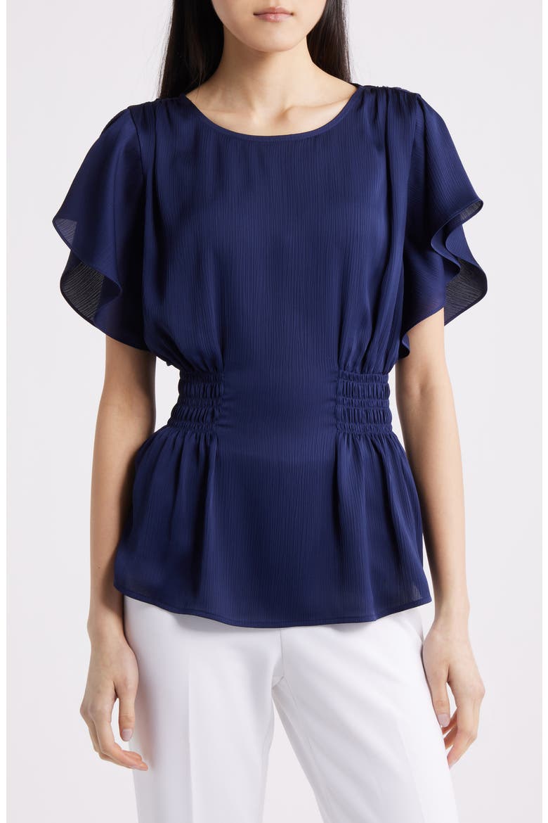 Flutter Sleeve Smocked Waist Top, Main, color, DISTANT MOUNTAIN