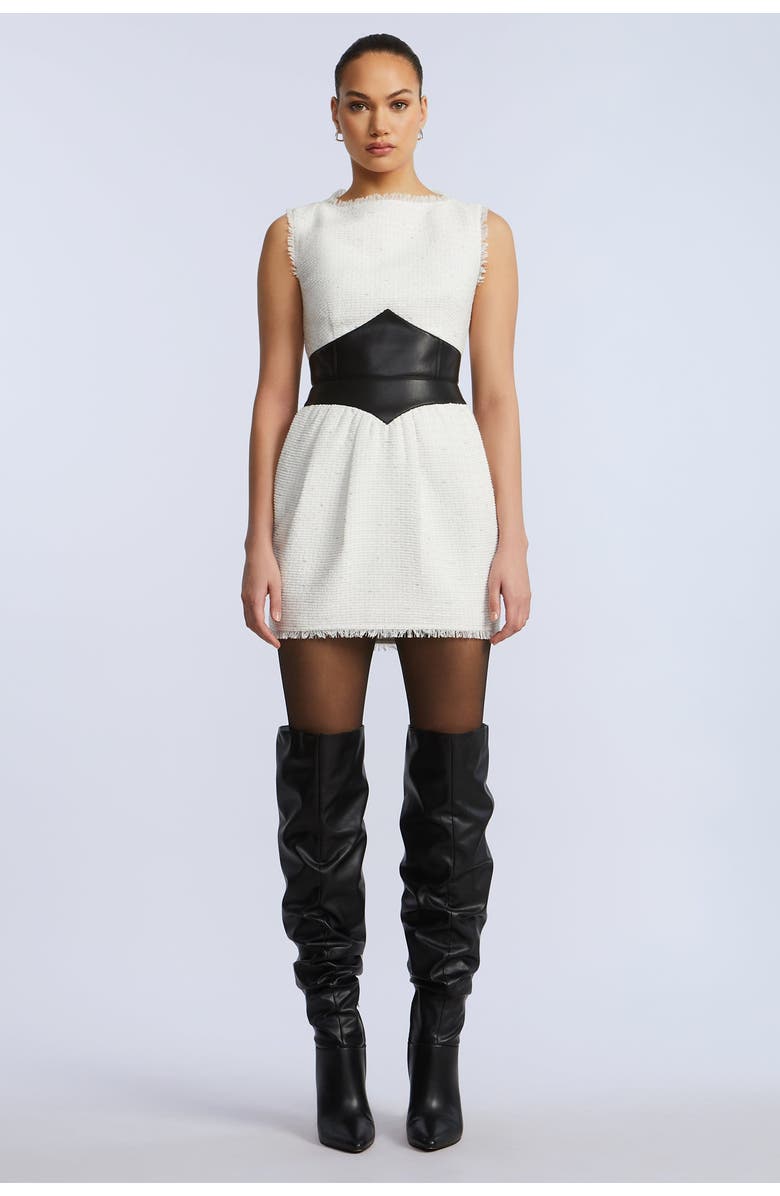 BCBGMAXAZRIA Leather Tweed Dress, Main, color, Black/White