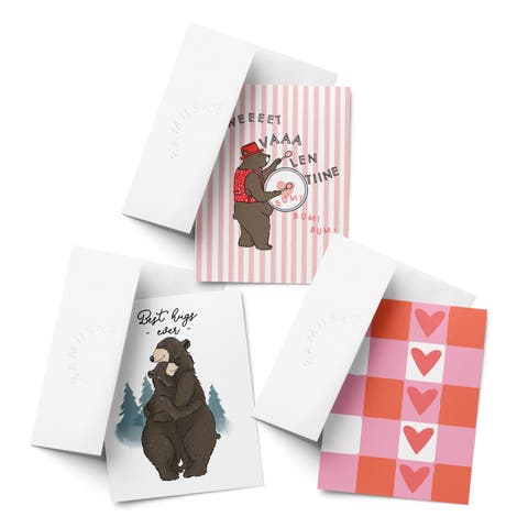 Valentine's Day Friendship Greeting Card Pack Sets, 'Sweet VA LEN TINE Bear, Best Hugs Ever, Heart Grid'