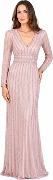 LARA New York Long Sleeve V-Neck Beaded Gown