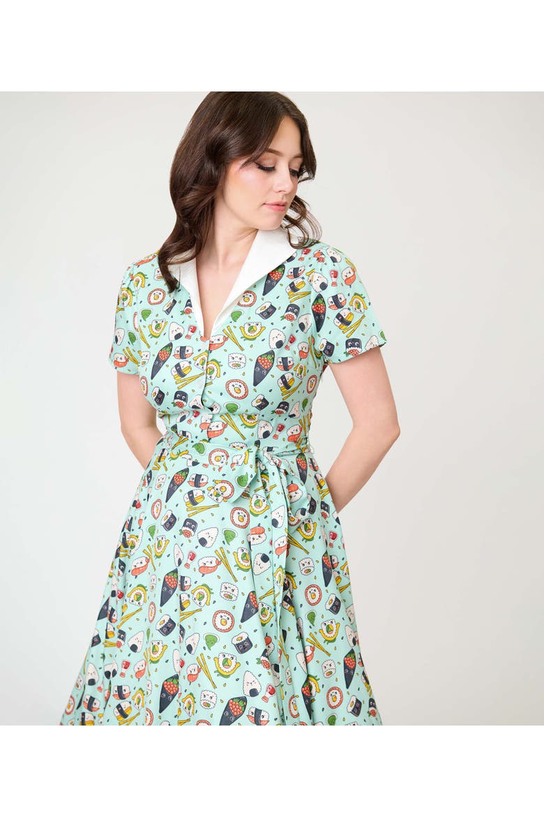 1950s Collared Shirt Dress, Alternate, color, Green Sushi Print