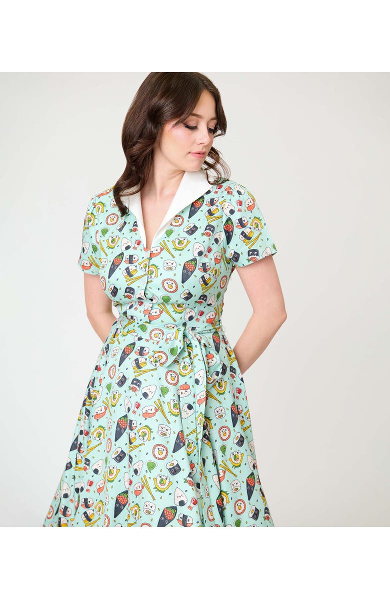 Unique Vintage 1950s Collared Shirt Dress, Alternate, color, Green Sushi Print