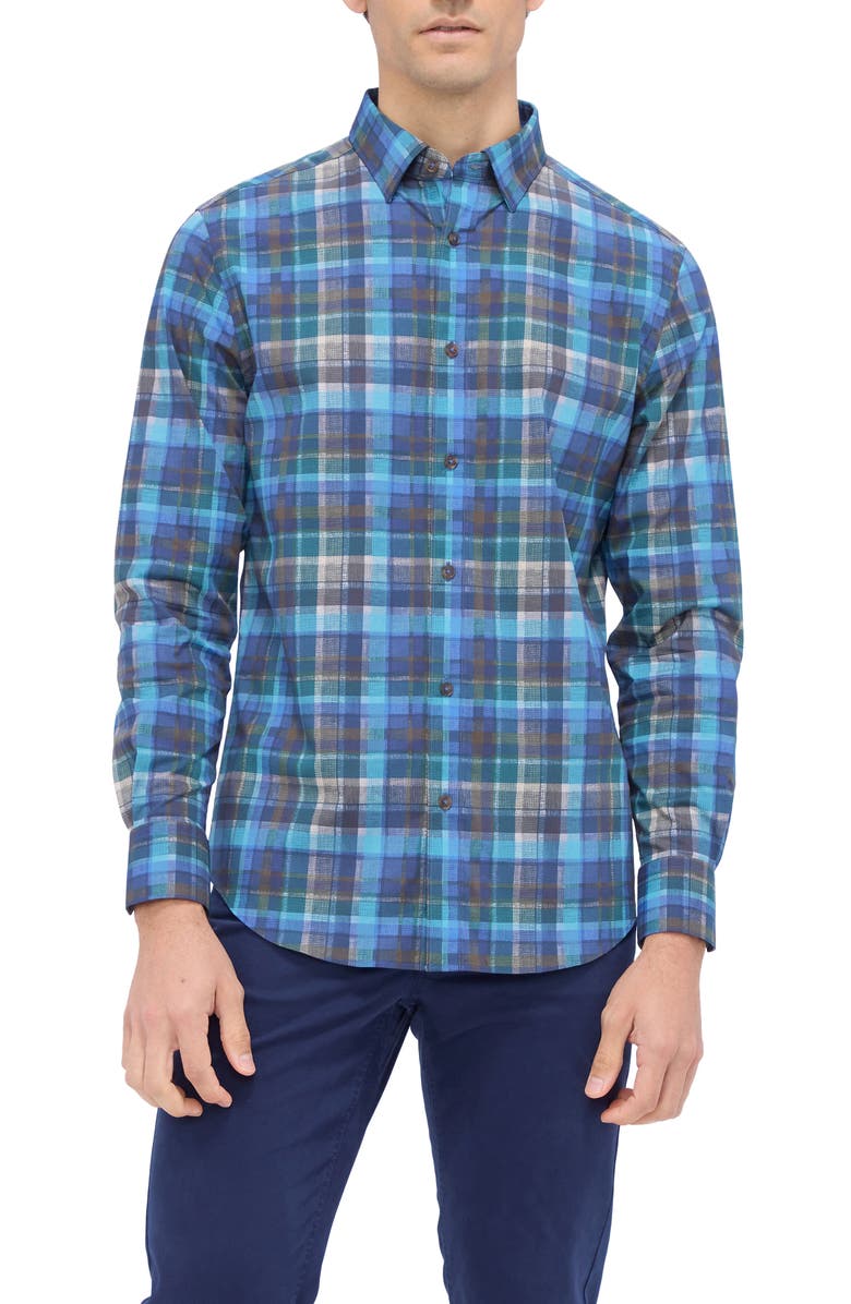 Bugatchi Karl Shaped Fit Check Stretch Button-Up Shirt, Main, color, Teal