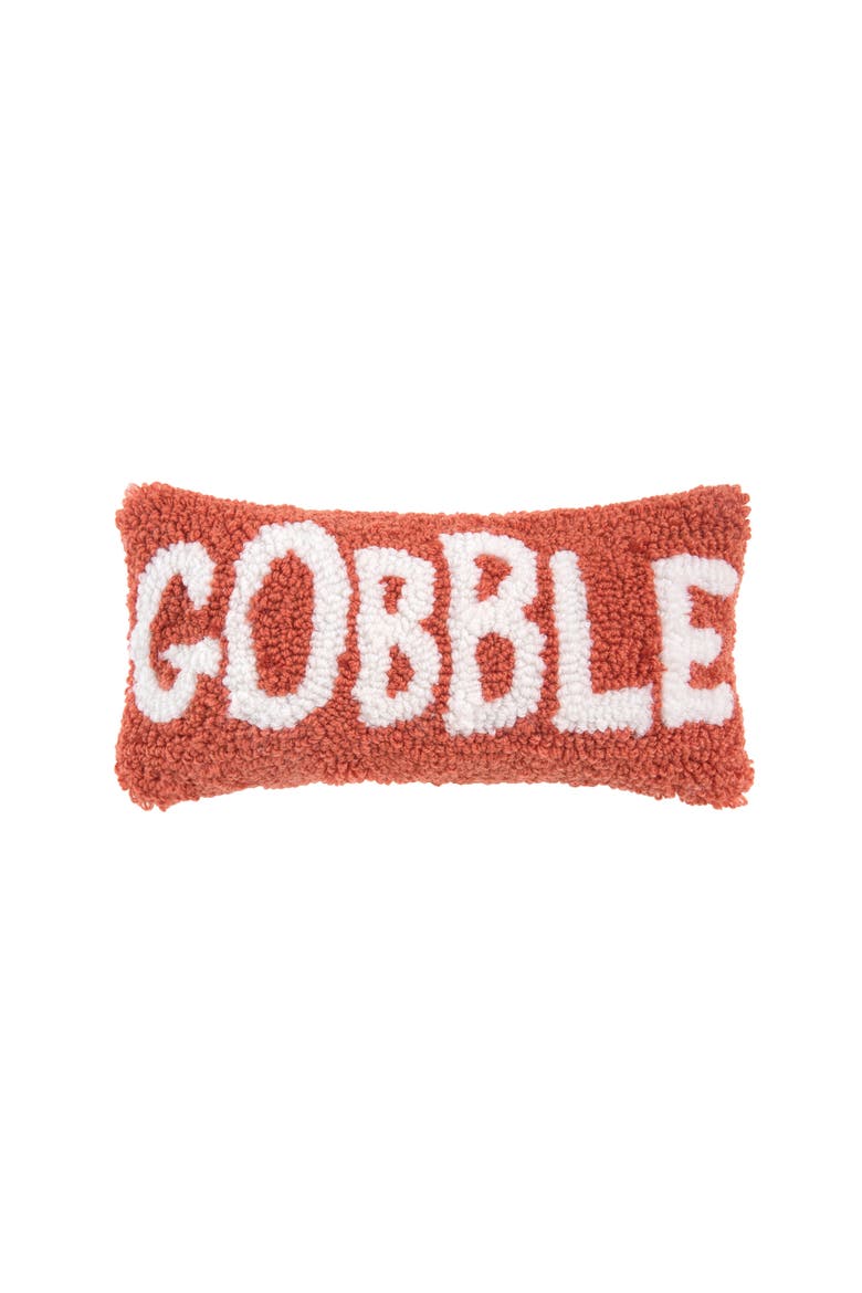 "Gobble" Thanksgiving Mini Hooked Lumbar Accent Pillow 6" x 12", Main, color, Orange