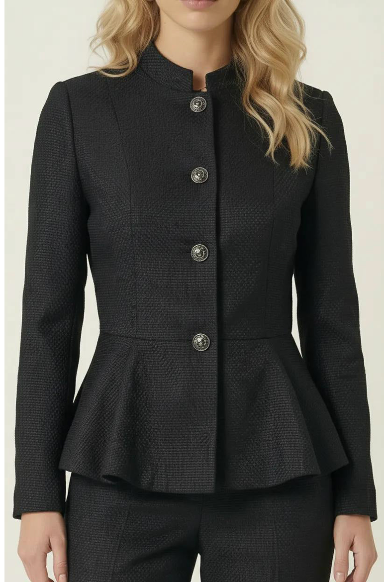 Textured Round Neck Peplum Blazer, Alternate, color, Black