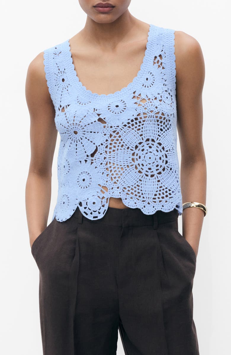 MANGO Floral Crochet Top, Main, color, Sky Blue
