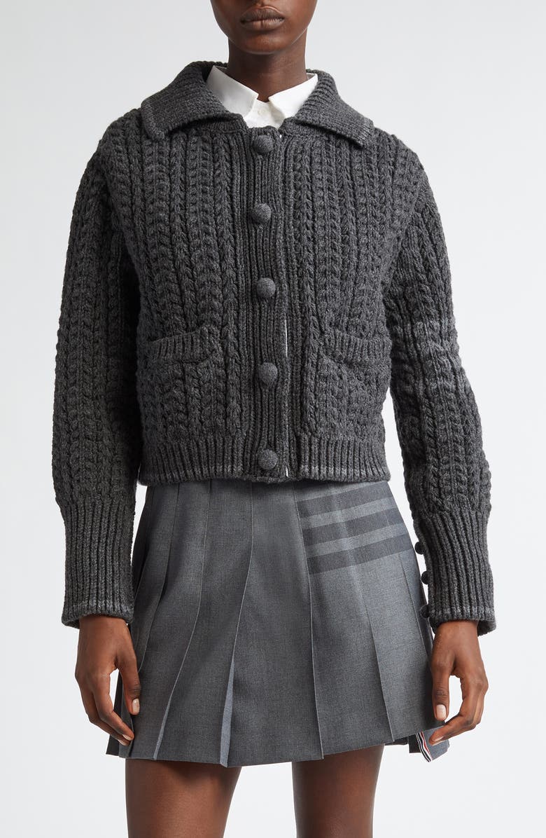 Thom Browne Cable Knit Virgin Wool Cardigan, Main, color, 