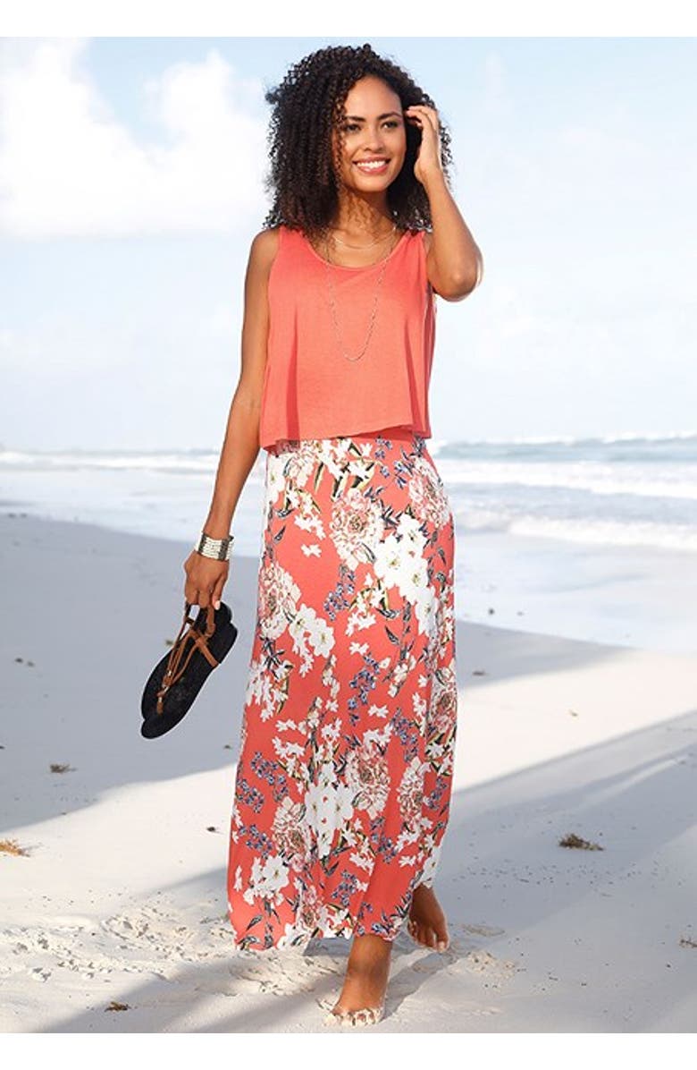LASCANA Women's Layered Look Maxi Dress, Alternate, color, Coral-Patterned