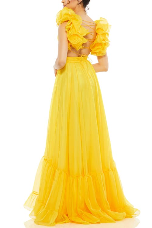 Mac Duggal Rosette Chiffon Cutout Empire Waist Gown In Sunshine