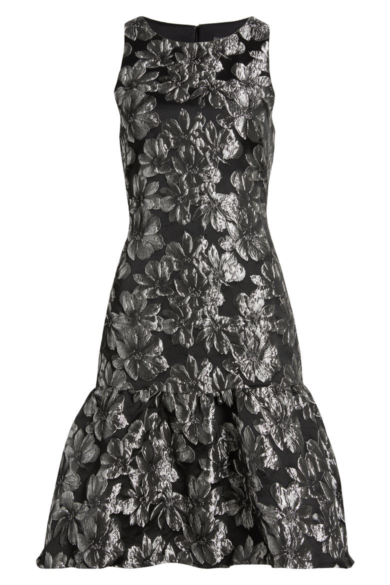 Metallic Floral Jacquard Sleeveless Dress, Alternate, color, BLACK/SILVER