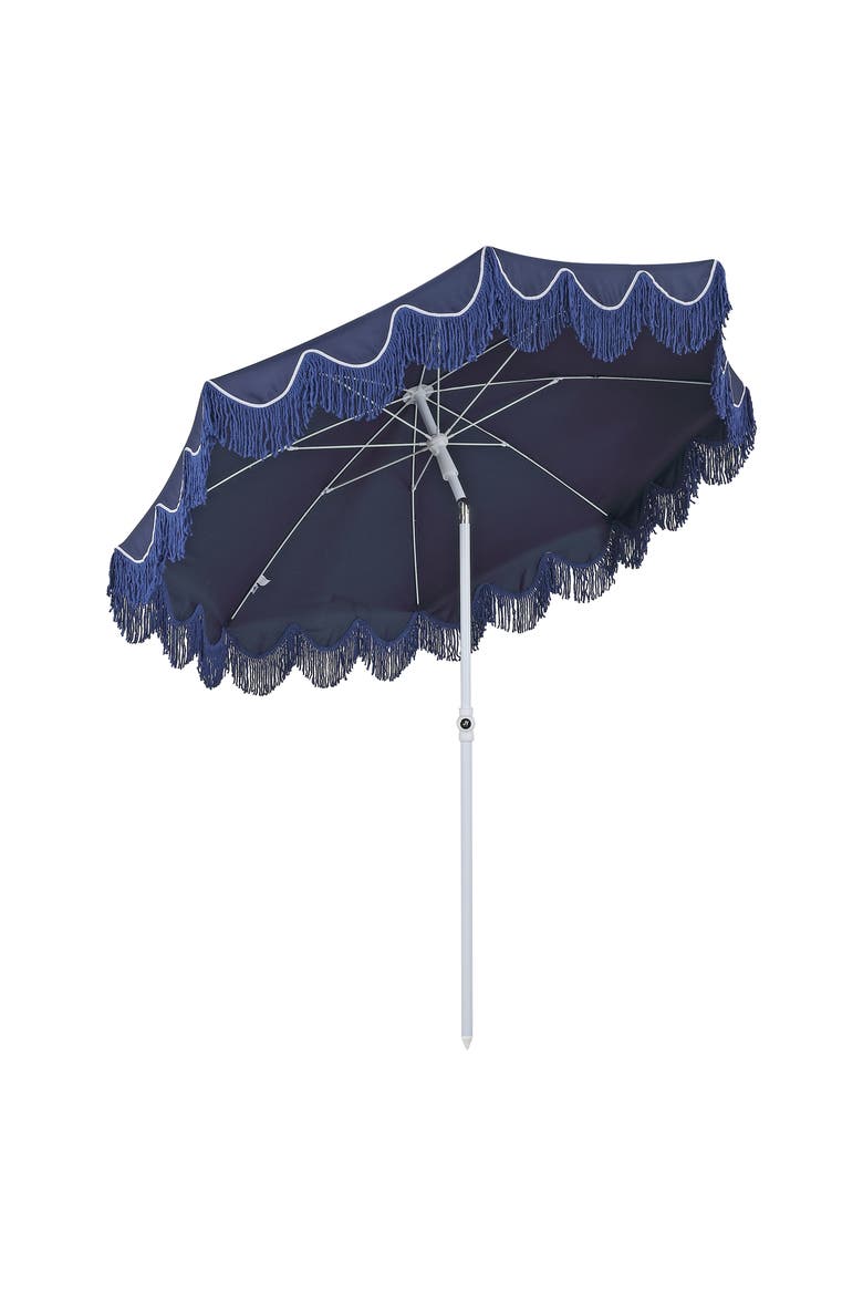 Mariner Coastal Round Outdoor Beach Umbrella with Fringe Trim, Push-Button Tilt, UV 50 Canopy and Wood-Finish Pole, Alternate, color, Navy - White Pole