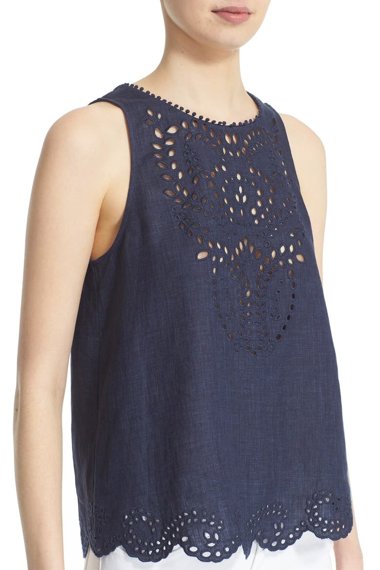 'Encycllia' Sleeveless Linen Eyelet Top, Alternate, color, DARK INDIGO