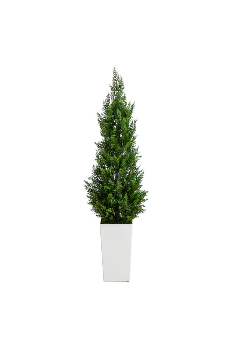 4-ft UV Resistant Artificial Cedar Tree in White Tower Planter, Main, color, Green
