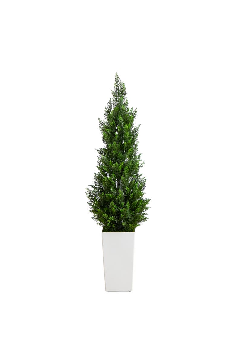 NEARLY NATURAL 4-ft UV Resistant Artificial Cedar Tree in White Tower Planter, Main, color, Green