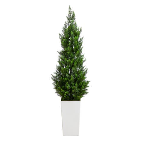 4-ft UV Resistant Artificial Cedar Tree in White Tower Planter (Indoor/Outdoor)