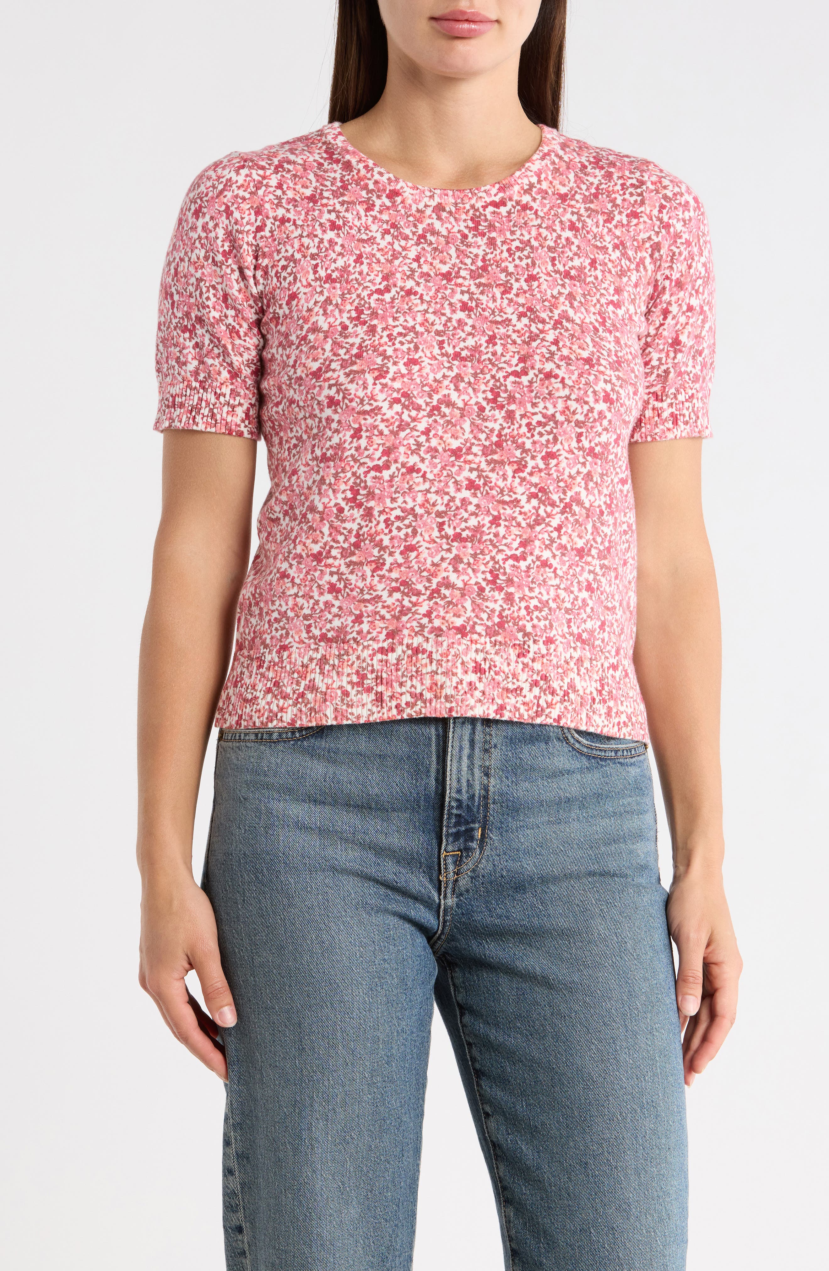 1.STATE Floral Short Sleeve Cotton Sweater