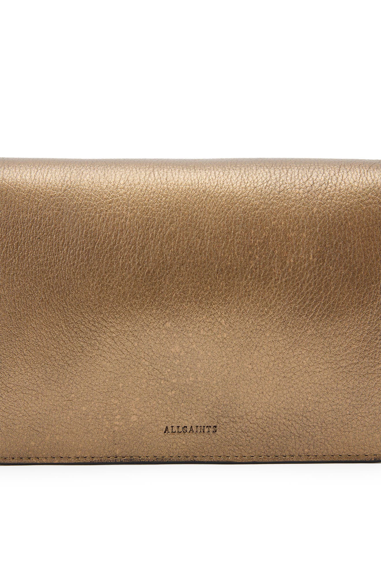 AllSaints Maeve Leather Crossbody Wallet, Alternate, color, Warm Brass