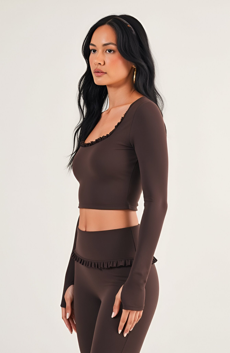 Modenaire Long Sleeve Crop Top with Ruffle Trim Square Neck and Stretch Fit, Alternate, color, 