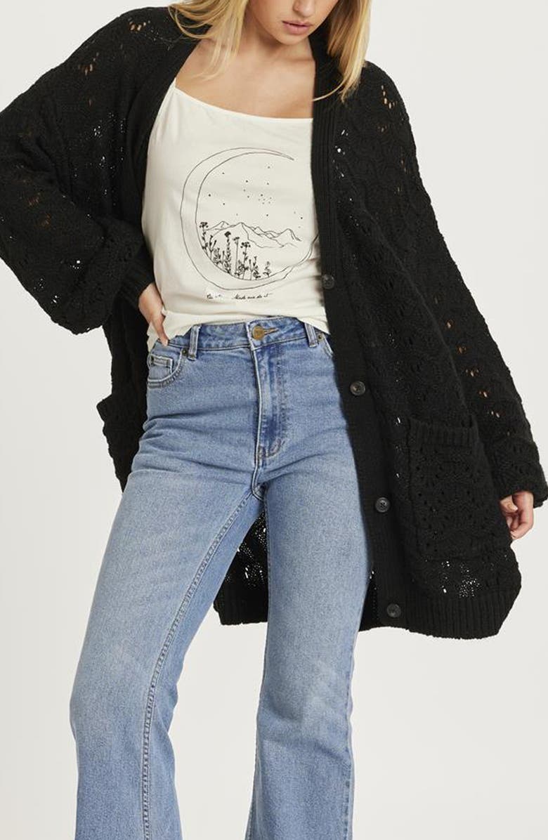 Amuse Society Dana Pointelle High-Low Cardigan, Main, color, Black