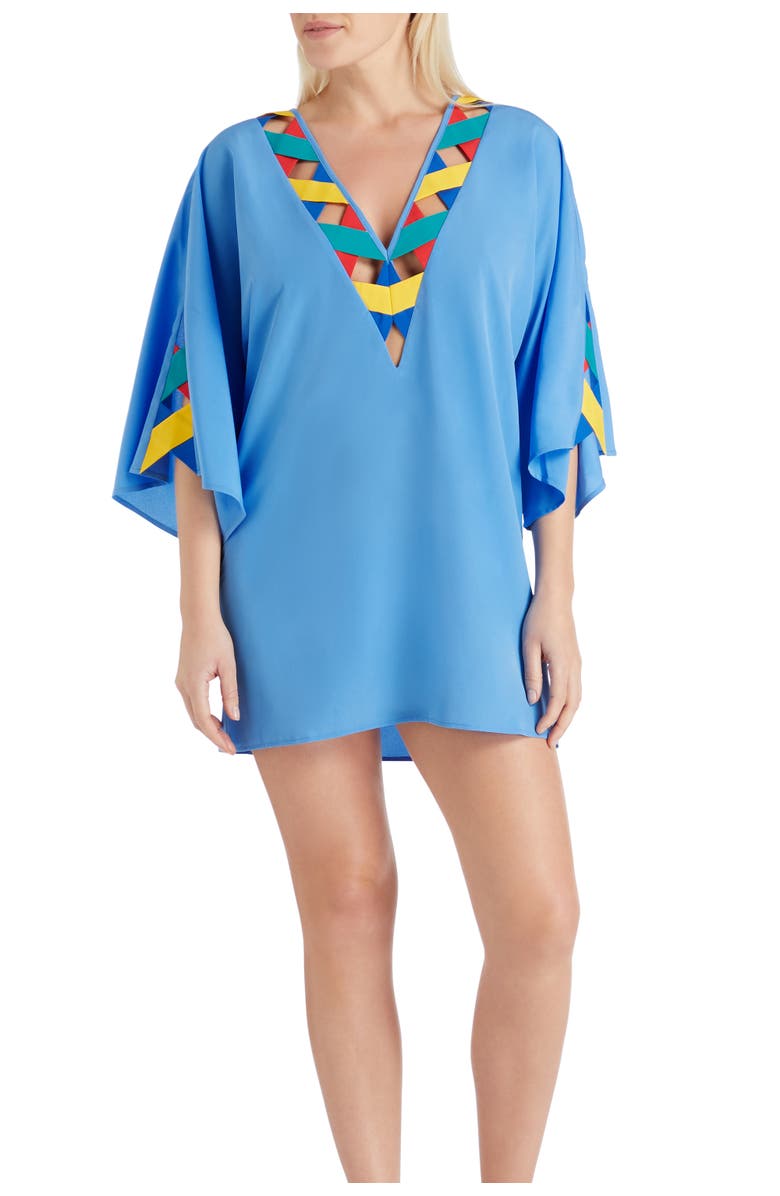 VALIMARE Mallorca Cross Bandage Cover-up Tunic Dress, Main, color, Blue